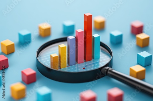 Colorful Bar Graph Under Magnifying Glass Surrounded by Cubes