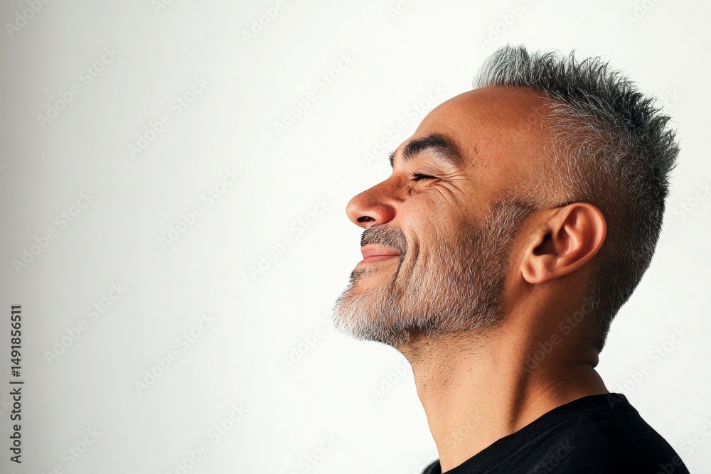 Obraz premium A radiant and poised man in a professional portrait. Visual idea of style for aging men. Pure white solid background. Modish men's edgy haircut - midlife arabian man with short hair.