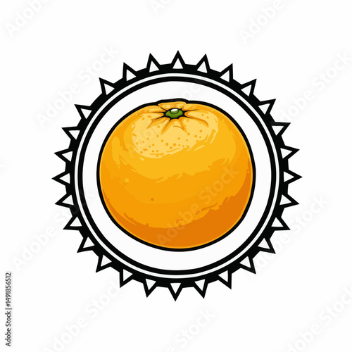 A citrus fruit in an orbit like ring, with a green stem, on a white background