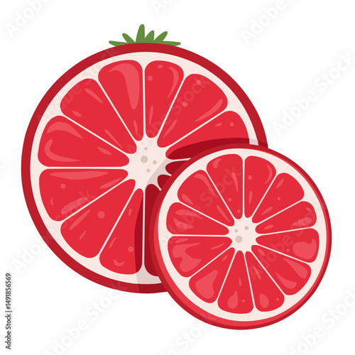 Halved red fruit with green leaves and white pith against a white background