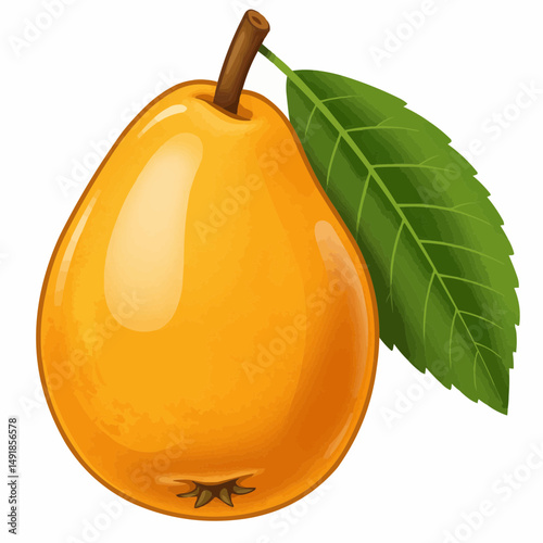 Vibrant yellow pear with brown stem and green leaf, on white. Fresh, bright, and juicy