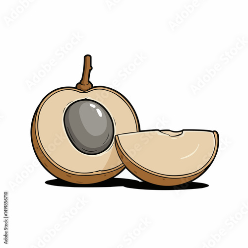 A cut open longan with the seed inside and part of the stem still attached
