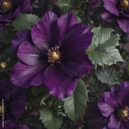 Deep purple flower, velvety petals, textured leaves  Botanical study ,  texture,  vivid