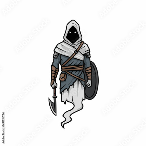 Character with hood, tunic, shoulder armor, and shield. Dark shadowed face and white background