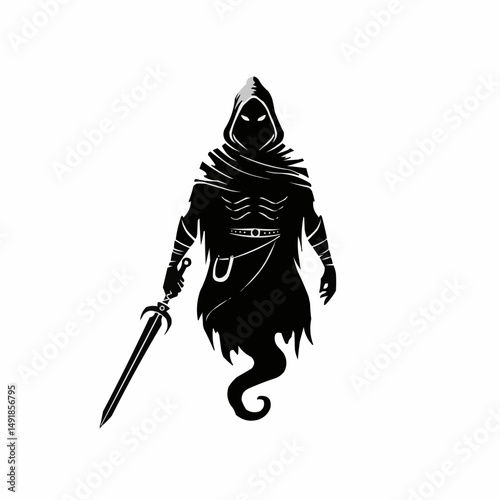 Eerie figure in dark hood, stylized art, stark contrast on white background