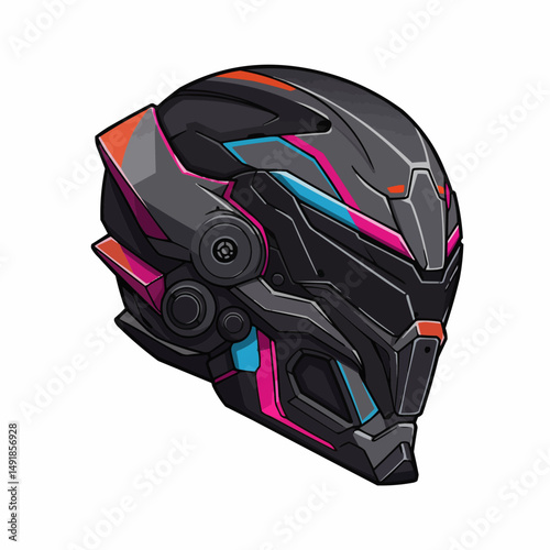 Futuristic helmet with angular design elements and vibrant color accents on dark base