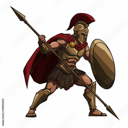 Cartoon drawing of warrior in armor. He holds a long spear, ready for the coming battles