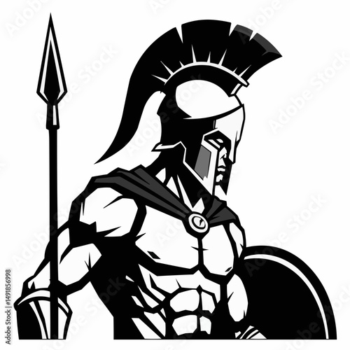 A stylized gladiator with a helmet and spear, illustrated in black and white monochrome