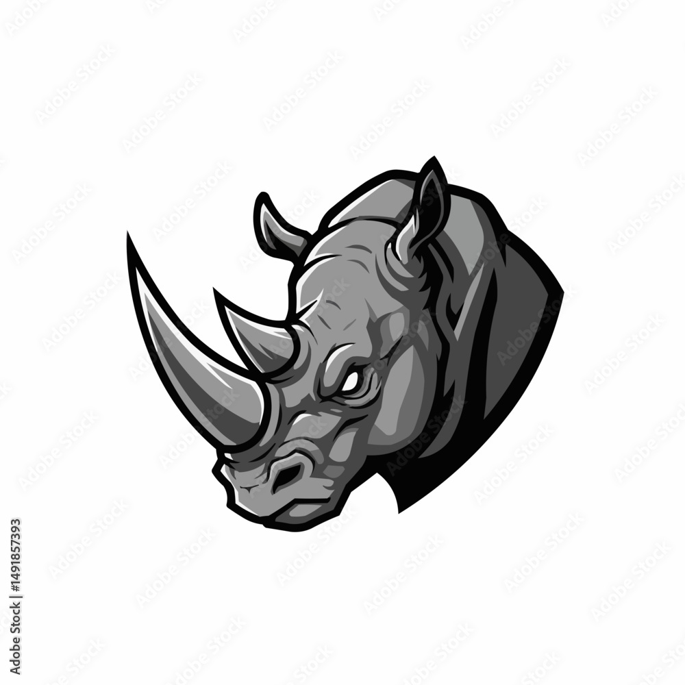 Close up illustration of a gray rhino with black outlines on a white background Close up illustration of a gray rhino with black outlines on a white background