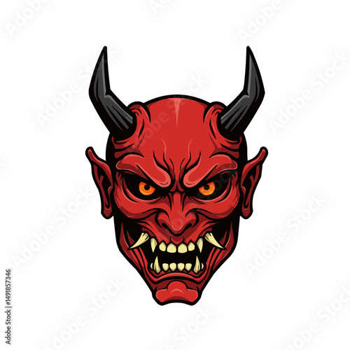 Cartoon of a red devil with black horns showing on a white background graphic