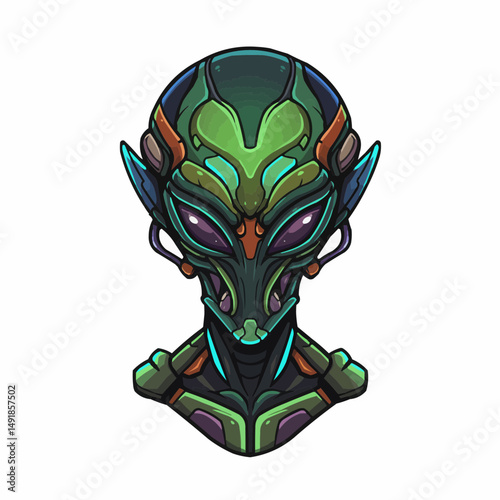 Colorful, stylized alien head illustration with intricate details and vibrant colors