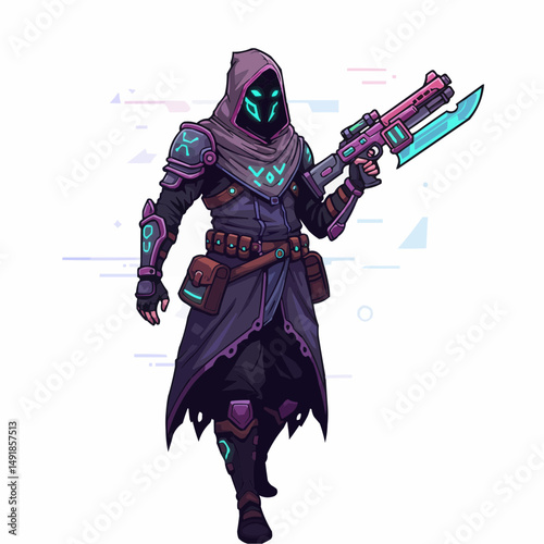 Hooded warrior with futuristic weapon, glowing with neon details, on white photo