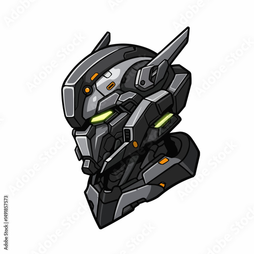 Mechanical robot head with grey, black, yellow and orange accents on a white backdrop