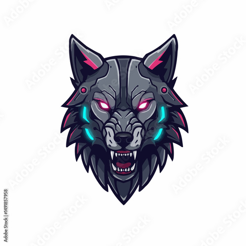 Cybernetic wolf with neon-lit eyes and cybernetic upgrades, futuristic design