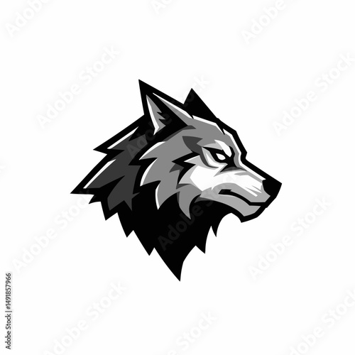 Wolf head illustration. Dark and light grays/blacks, with geometric angles