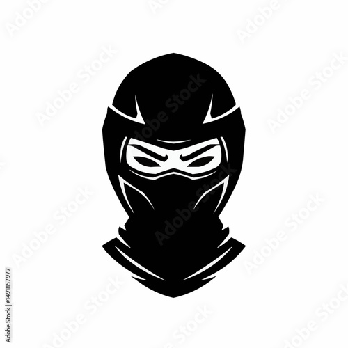 Stylized black helmeted figure looks intensely forward on a white background