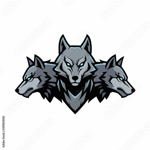 Grey wolf pack's heads with glowing blue eyes, isolated on white background
