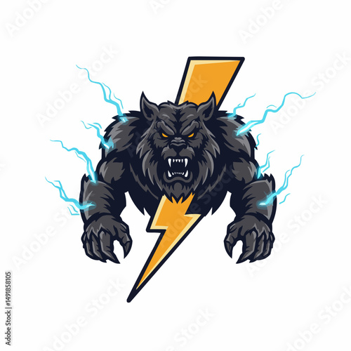 Intense grey wolf with yellow eyes and lightning, backing a large yellow rectangle