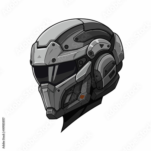 Robotic helmet, shades of gray. Detailed armor plating and small rivets decorate the headwear