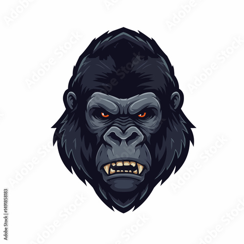 Close-up head shot of gorilla with dark fur and bright orange eyes on a white background