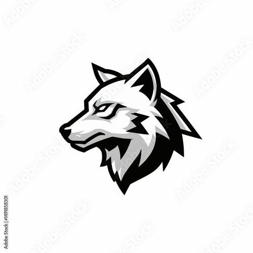 Monochromatic, minimalist drawing of a wolf's face. Graphic design, art