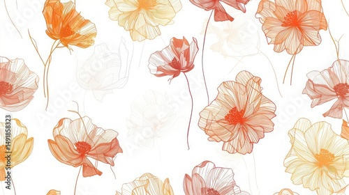 Seamless pattern of stylized flowers in shades of orange and yellow on a white background art design