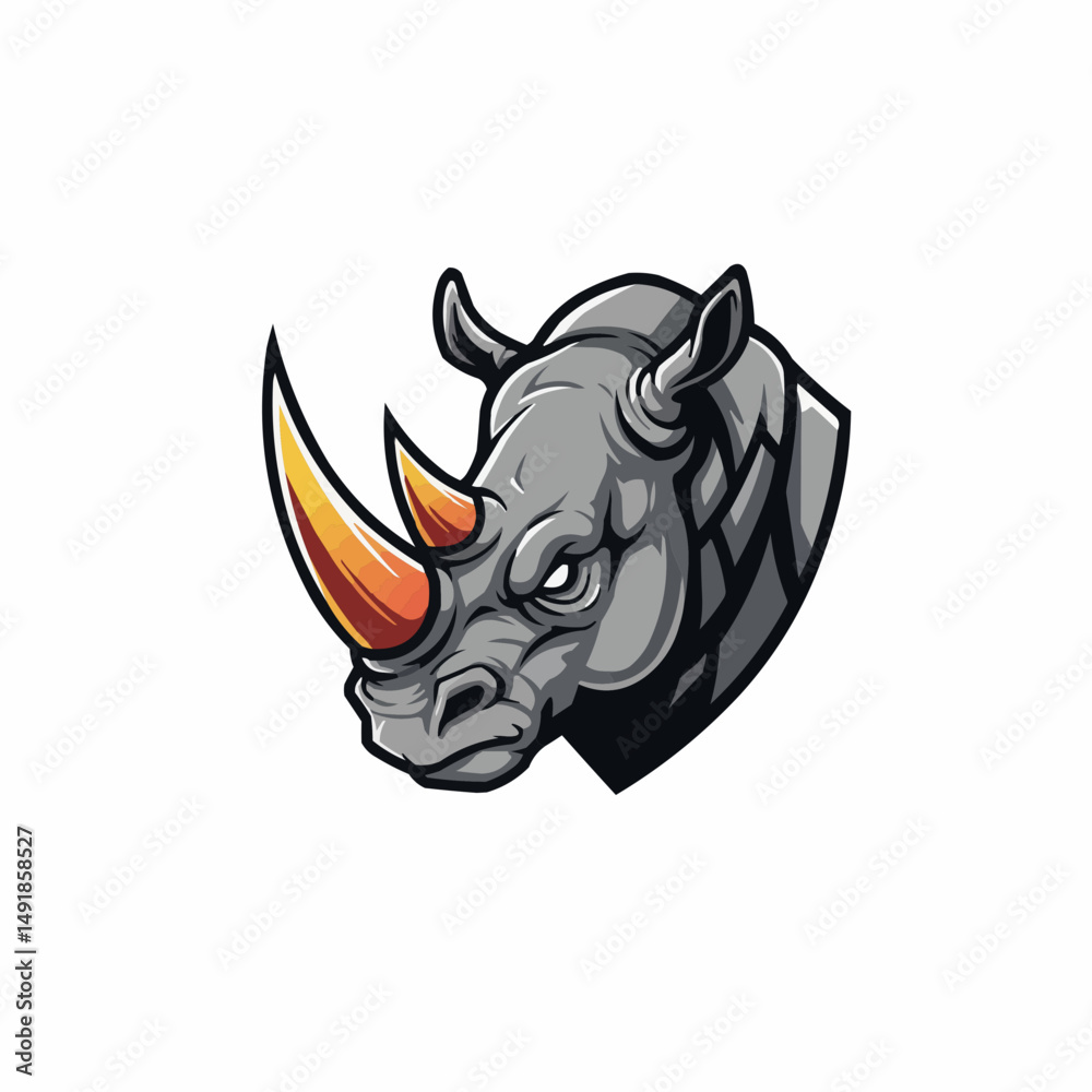Illustration of a gray rhinoceros with a horn, stylized and positioned in the corner