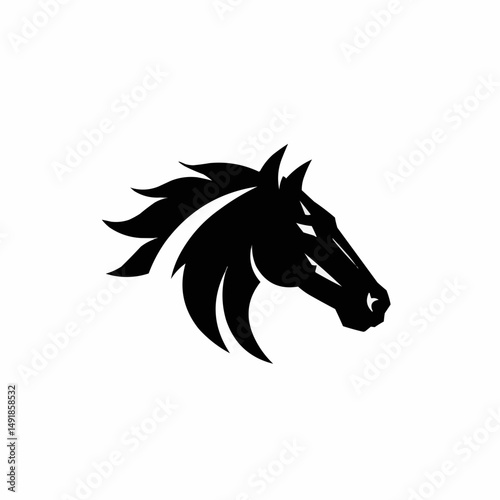 Silhouette of a black horse's head, mane blowing, on a stark white background