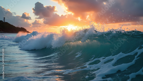 Fototapeta Naklejka Na Ścianę i Meble -  Colorful Ocean Wave. Sea water in crest shape. Sunset light and beautiful clouds on background