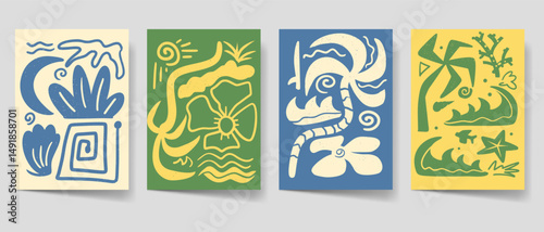 Vintage summer poster set, Flyer bohemian style for print. Beach poster template bundle. Mid century graphic collection