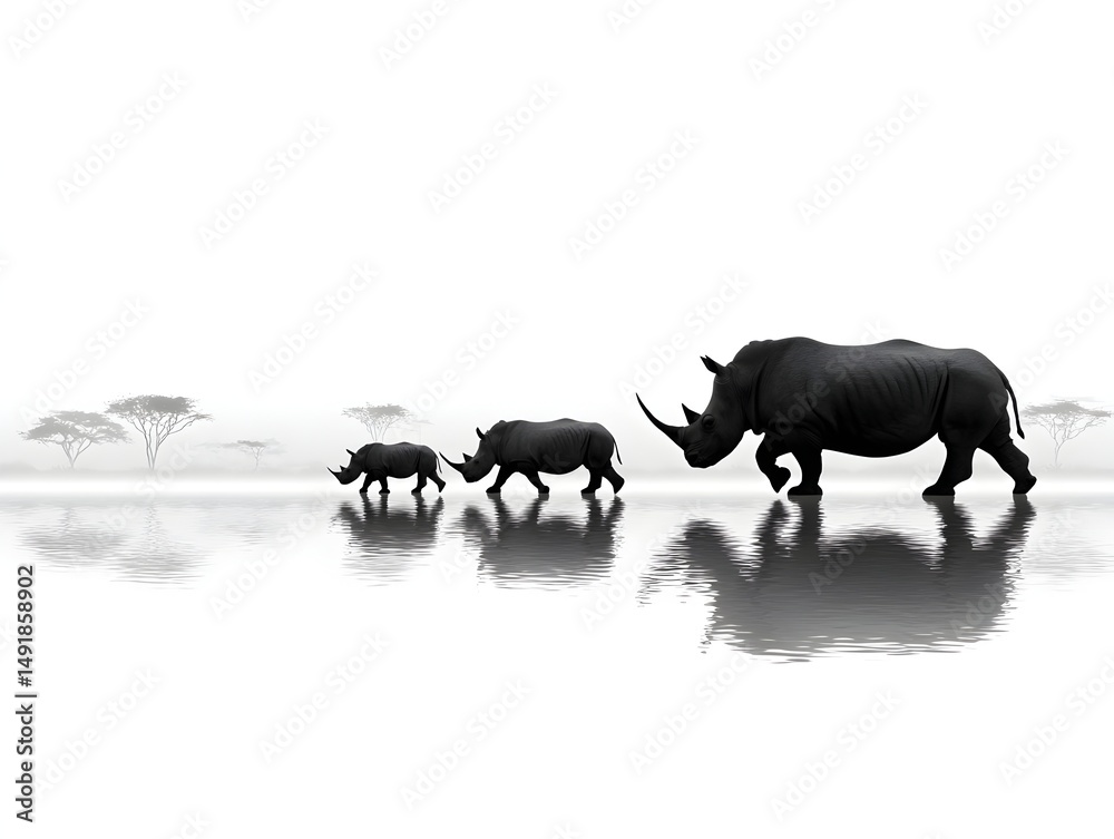 Fototapeta premium A family of three rhinos walks gracefully across a tranquil African savanna reflecting in the still water.