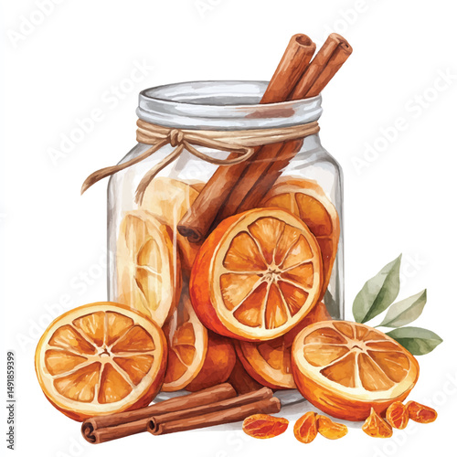 Cute cartoon watercolor A glass jar filled with cinnamon and dried lemon slice