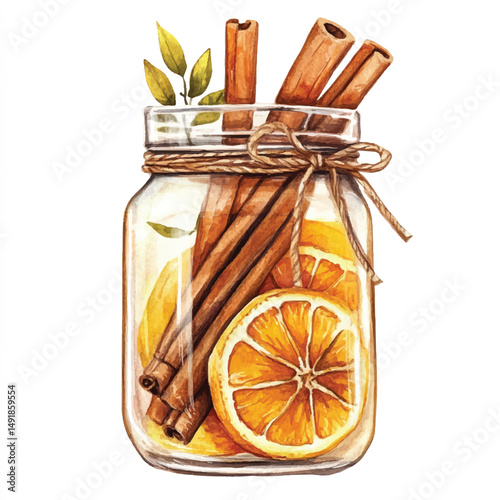 Cute cartoon watercolor A glass jar filled with cinnamon and dried lemon slice