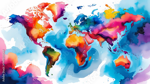 Colorful watercolor painted world map depicting international geopolitical regions