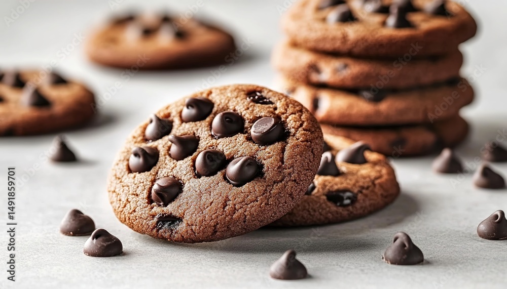 Fototapeta premium Stacked chocolate-chip cookies with scattered chips on a gray surface.
