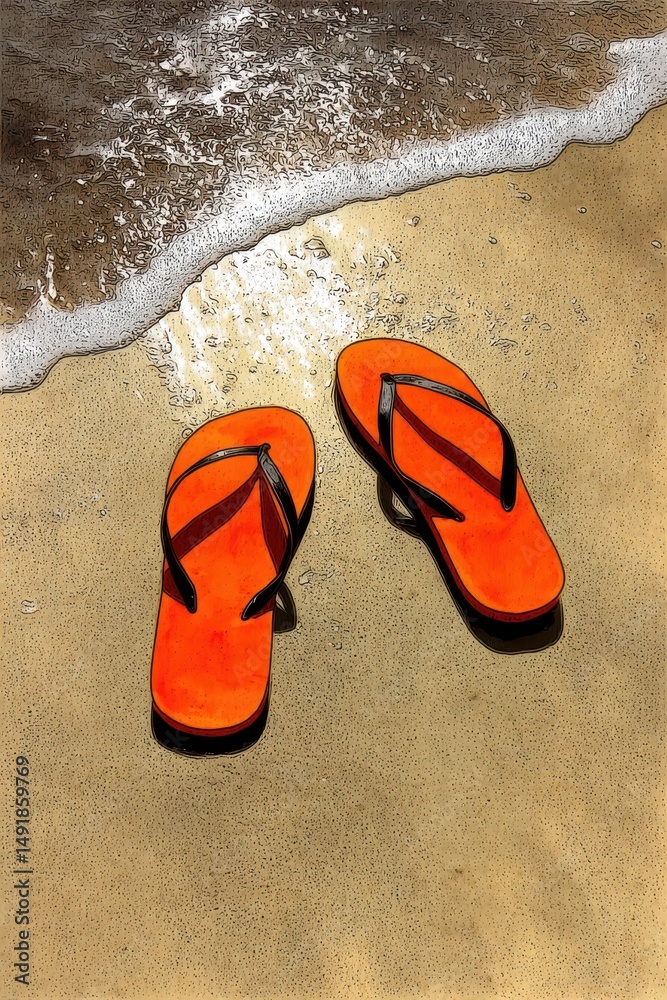 Naklejka premium Orange flip-flops on a sandy beach shoreline.