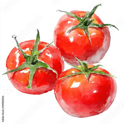 Fresh Red Tomatoes on White Background in Watercolor Style Painting