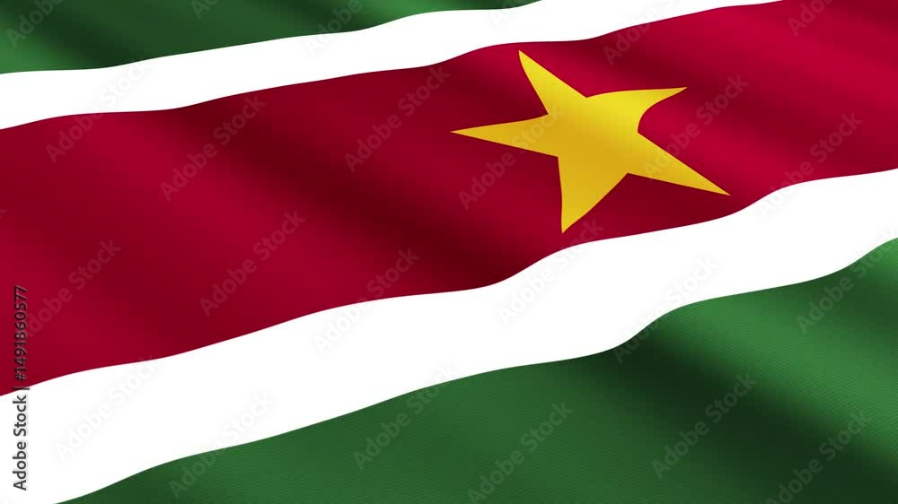 Suriname Flag Waving Gently in the Wind, Close-Up Full-Frame Perspective, Soft Fabric Texture, Slow Motion, Natural Movement, Waving Flag Background Suriname Flag Waving Gently in the Wind, Close-Up Full-Frame Perspective, Soft Fabric Texture, Slow Motion, Natural Movement, Waving Flag Background