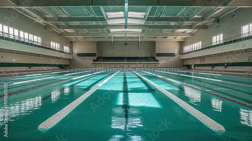 Indoor Olympic-size pool, empty, sunlight, high ceiling, competition