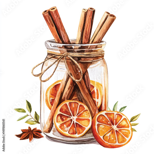 Cute cartoon watercolor A glass jar filled with cinnamon and dried lemon slice