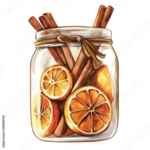 Cute cartoon watercolor A glass jar filled with cinnamon and dried lemon slice