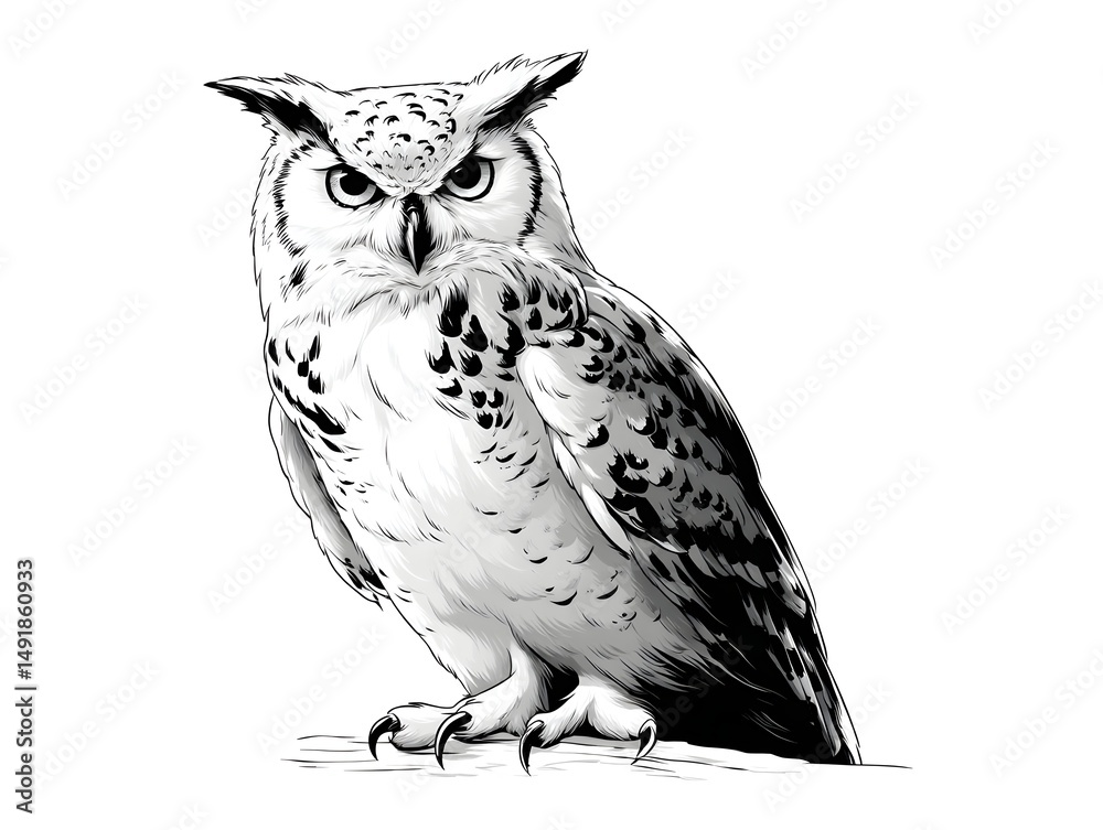 Obraz premium A majestic great horned owl perched majestically on a branch stares intensely with eyes and powerful talons in detailed black and white