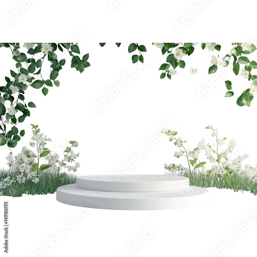 White podium with flowers and leaves isolated on transparent background