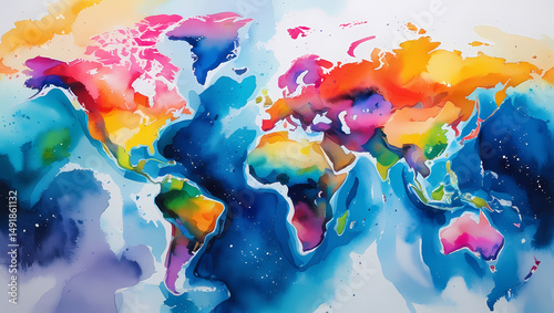 Colorful watercolor world map illustrating countries and continents against white background