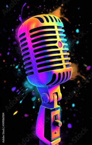 Colorful Neon Microphone with Splashes of Light Against Dark Background