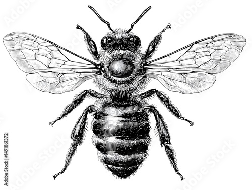 Detailed vintage illustration of a honeybee viewed from above showing its wings legs and body segments in intricate black and white detail.