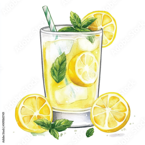 Cute cartoon watercolor A glass of lemonade