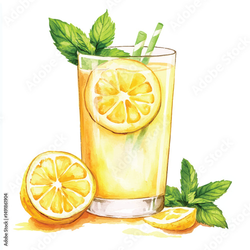 Cute cartoon watercolor A glass of lemonade