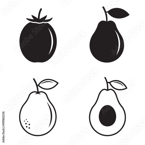 Simple black and white illustrations of fruits and vegetables for design and branding