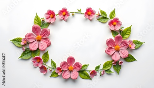 Wallpaper Mural A circular arrangement of pink flowers with green leaves on a white background.  Torontodigital.ca